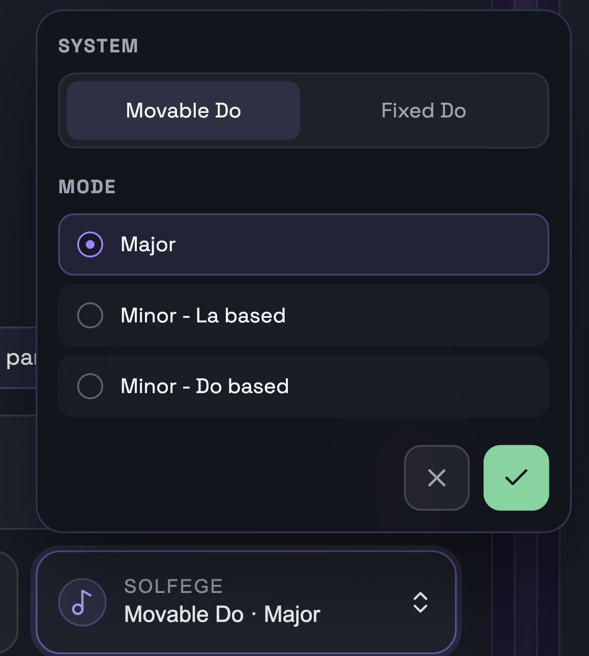SightSinger solfege settings with movable-do and fixed-do options